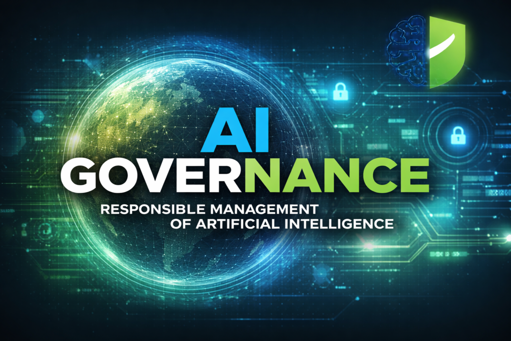 AI governance representing the responsible management of artificial intelligence systems through policy, regulation, and ethical oversight