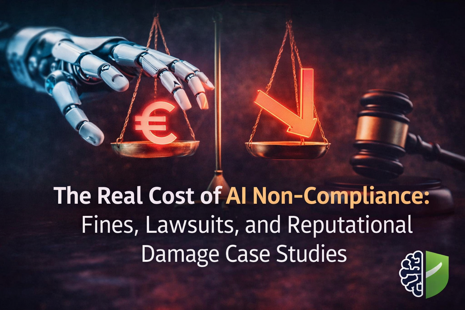 Illustration showing AI governance risk, highlighting the financial and reputational cost of AI non-compliance under the EU AI Act, including fines, lawsuits, and trust erosion