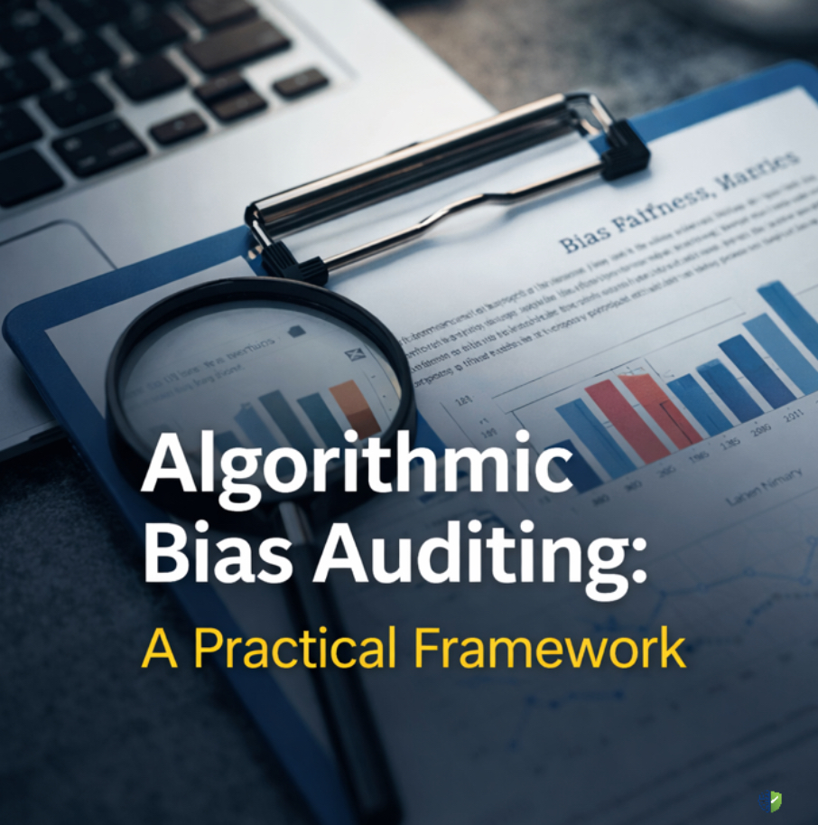 Algorithmic bias auditing framework showing fairness metrics analysis with data charts and magnifying glass in AI system evaluation