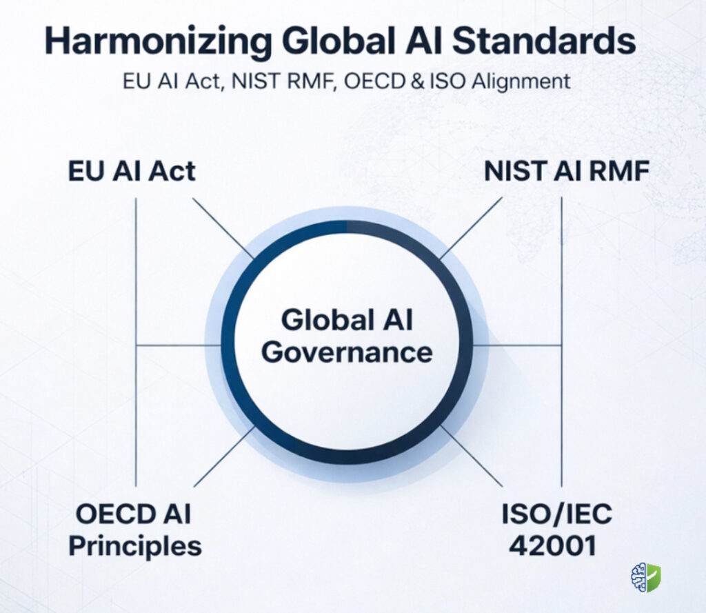 Harmonizing global AI standards showing EU AI Act, NIST AI RMF, OECD AI Principles and ISO IEC 42001 alignment in a global AI governance framework