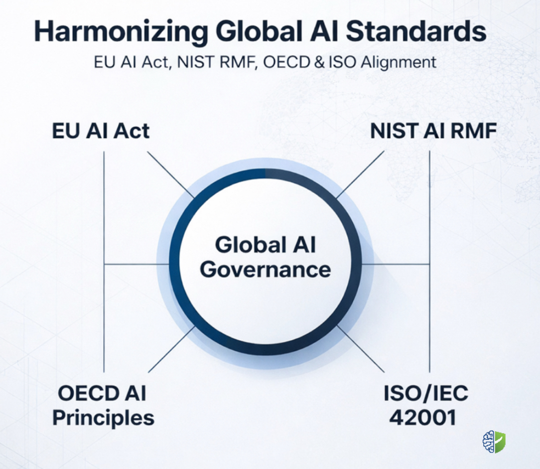 Harmonizing global AI standards showing EU AI Act, NIST AI RMF, OECD AI Principles and ISO IEC 42001 alignment in a global AI governance framework