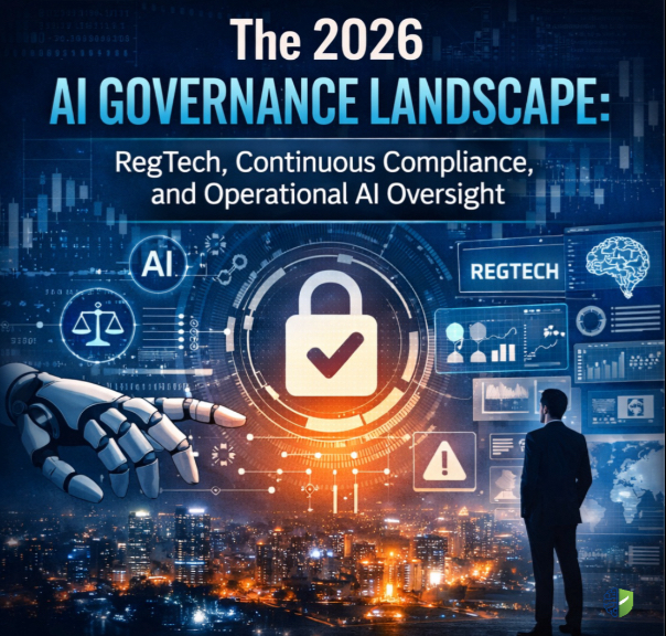 AI governance landscape 2026 illustrating RegTech, continuous compliance systems, and real-time AI oversight with regulatory monitoring interface
