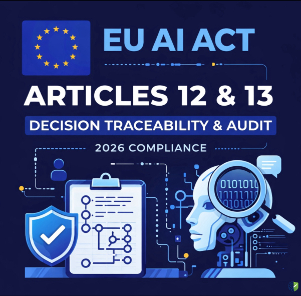 EU AI Act Articles 12 and 13 decision traceability and audit compliance illustration showing AI governance, logging, and oversight systems