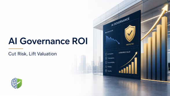 Editorial illustration showing AI governance improving enterprise value through stronger compliance, risk reduction, and business valuation.