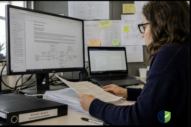 AI compliance professional reviewing EU AI Act Annex IV technical documentation and system architecture records for high-risk AI systems