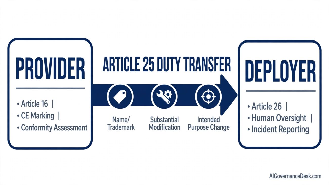 EU AI Act Article 25 provider deployer duty transfer diagram showing legal obligations traveling from upstream provider to downstream deployer